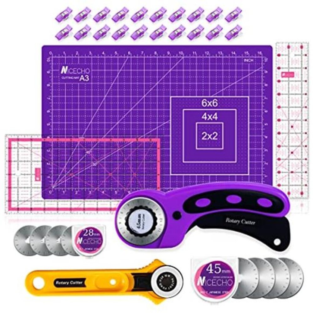 Rotary Cutter Set Quilting Kit 45mm 28mm Mat Ruler Blades Clips